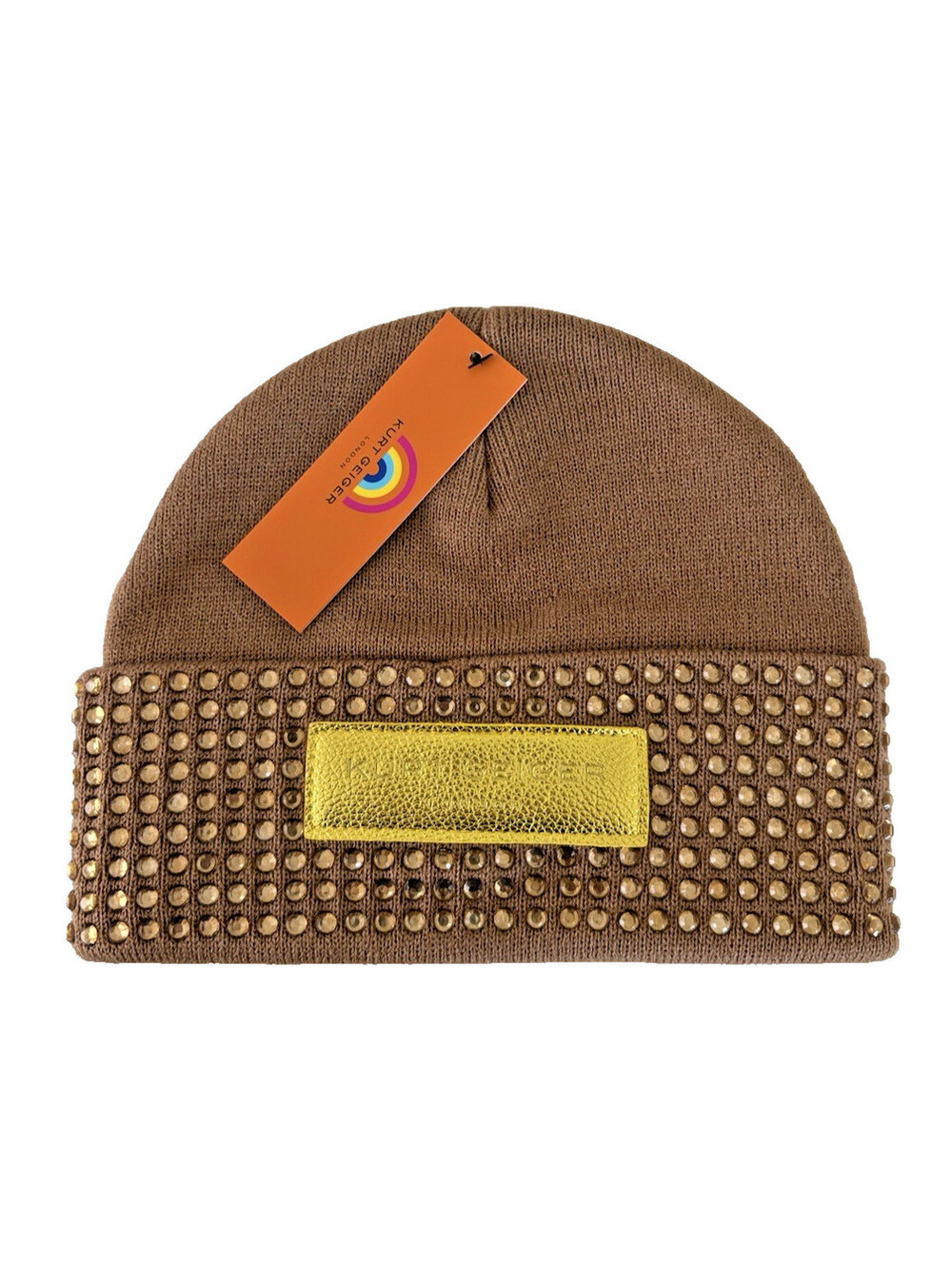 NWT Kurt Geiger London Logo Patch Crystal Cuff Beanie Camel